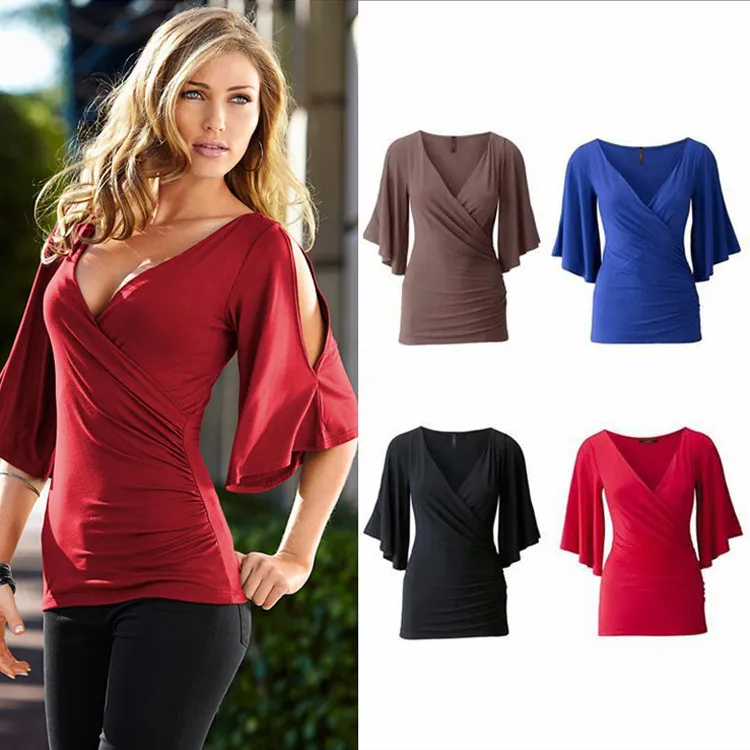 Europejskie Amerykańskie Kobiety Solid Color Sexy Głębokie V Neck Off Ramię Trzy Czwarty Rękaw T Shirt Kobiet Jedwabiu Krótki Rękaw Tops Koszula