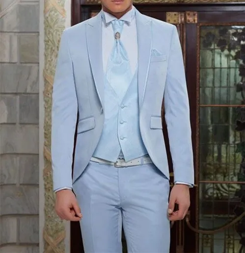 Mode bleu clair 3 pièces costume hommes smokings de mariage beau marié smokings avec revers un bouton hommes blazer (veste + pantalon + cravate + gilet) 505
