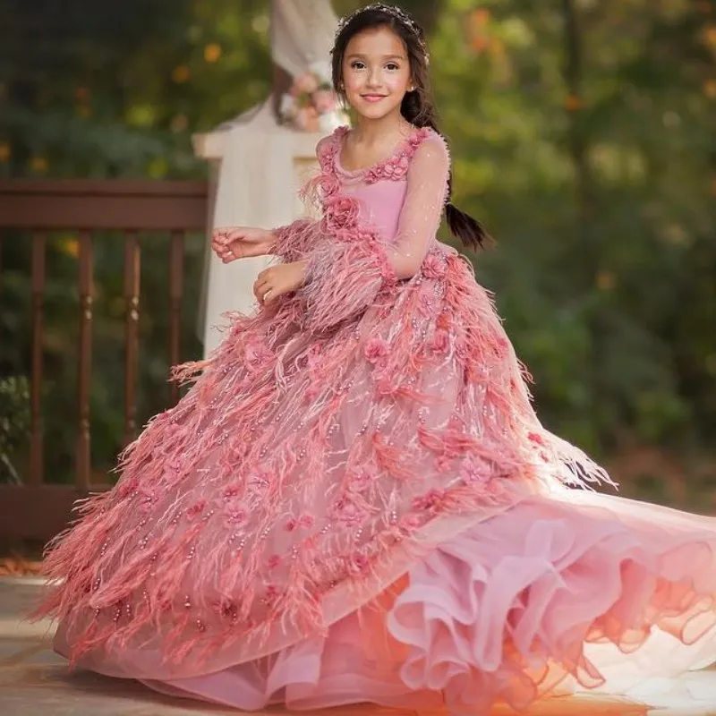 Gorgeous Feather Flower Girl Dresses For Weddings Luxury Pearls Applique Long Sleeve Birthday Dress 2018 New Arrival Girls Pageant Dress