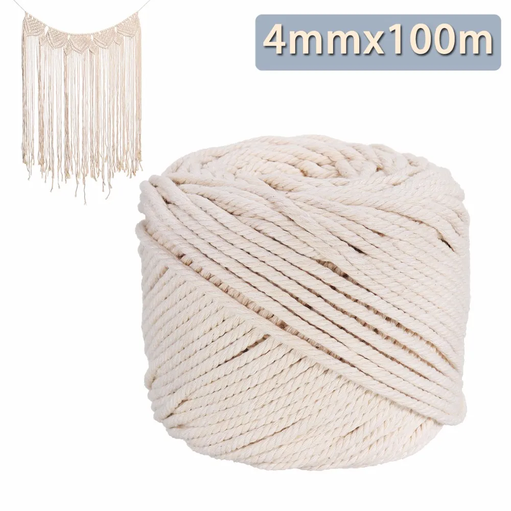 Hållbar 4mmx100m handgjorda dekorationer naturliga beige vit macrame bomull vridna sladd rep diy hem textil tillbehör hantverk