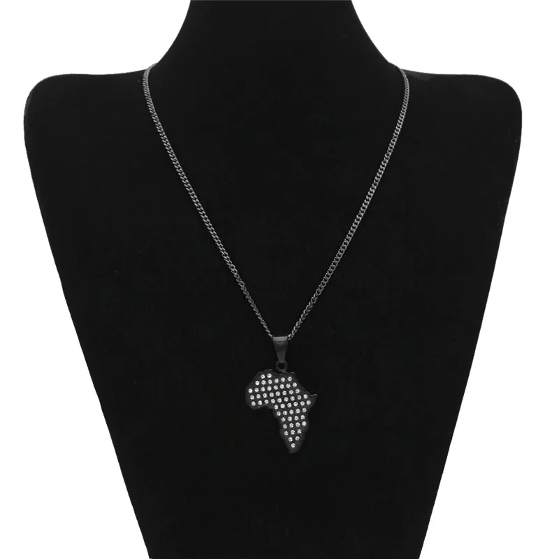 Cool Men Collana Hip Hop Acciaio inossidabile Black Gun Placcato oro CZ Collana con ciondolo mappa Africa uomo donna NL-563