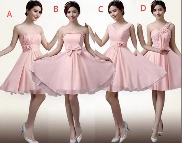 Four Styles Real Photos Strapless Chiffon Bridesmaids Dresses Zipper Back Knee-Length A-line Bridesmaid Prom Party Gowns