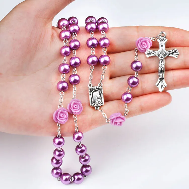 Katholieke rozenkrans Madonna Jesus Cross ketting Hangers Pearl Bead Chain Fashion geloof sieraden voor vrouwen Drop Ship