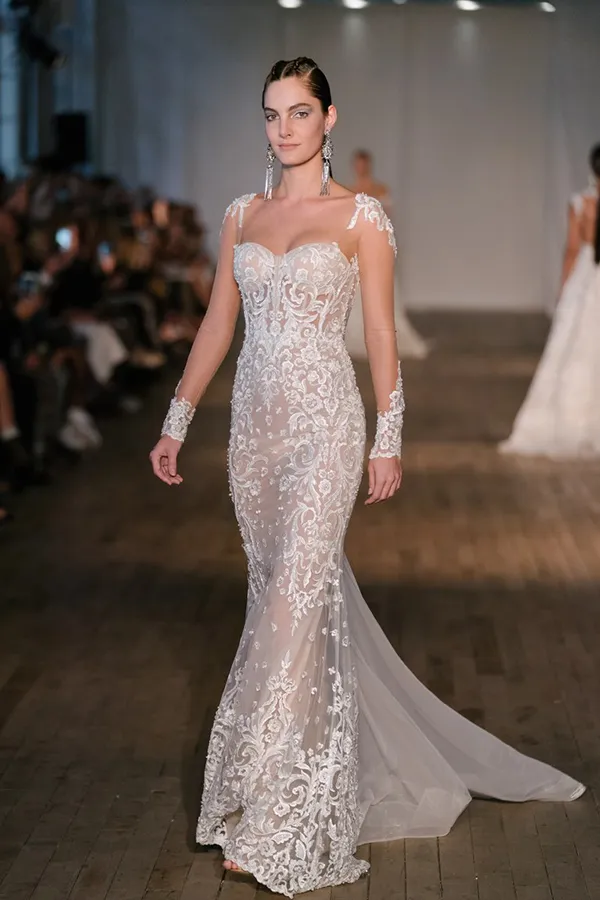 2019 Berta Mermaid Wedding Dresses Scoop Neck Lace Applique Button Back Sweep Train Long Sleeve Wedding Gowns Robe de Sexy Bridal 5458281
