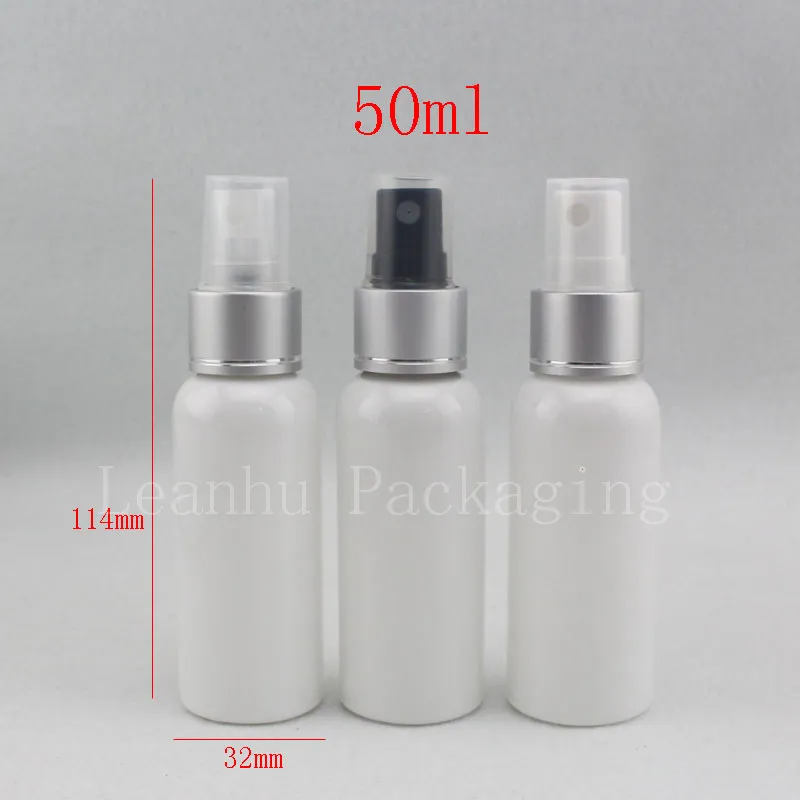 Bottiglie per profumi in plastica per ugello a spruzzo anodizzato bianco all'ingrosso da 50 ml, bottiglie di spruzzo a nebbia da 50 cc con pompa, set di viaggio