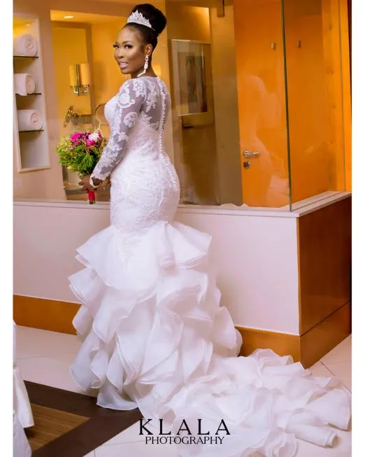 Arabisch Spitze Meerjungfrau Brautkleid Perlen Rüschen Organza Lange Ärmel Tiered Gericht Zug Brautkleider Nigerianischen Vestido De Novia