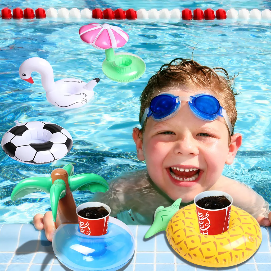 Portavasos inflables 5 uds., flotadores de bebidas, posavasos inflables para fiestas en la piscina, juguetes de baño para niños, cisne, fútbol, piña, palmera, seta