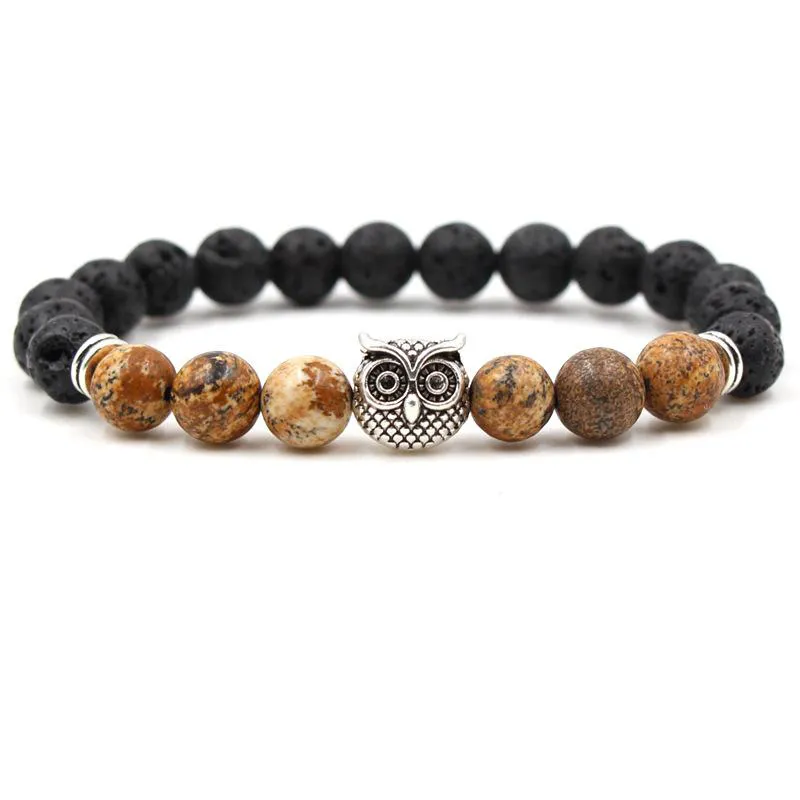 Uggla Charms Aromatherapy Essential Oljediffusor Armband Svart Lava Sten Armband Stretch Yoga Tiger Eye Smycken