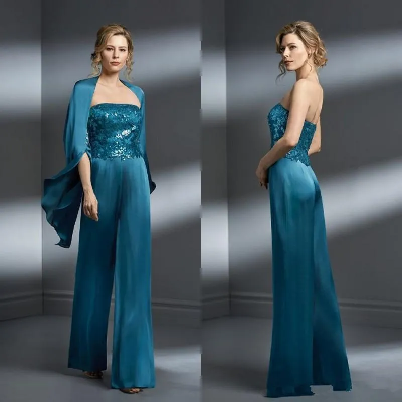 Azul turquesa Madre de la novia Trajes de pantalón Apliques de gasa Sin tirantes Tallas grandes Madre del novio Vestido Vestido formal para madres Boda