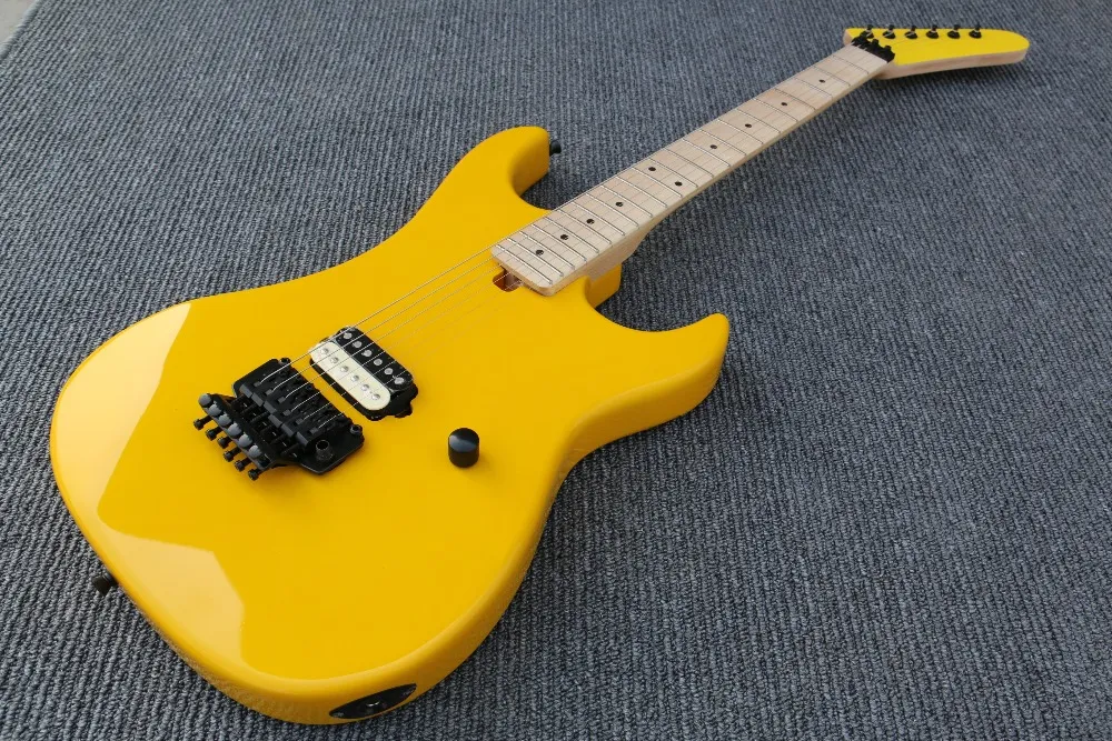 Guitare électrique jaune personnalisée Kra Edward Van Halen 5150 Floyd Rose Tremolo Bridge, micro simple, manche en érable, matériel noir