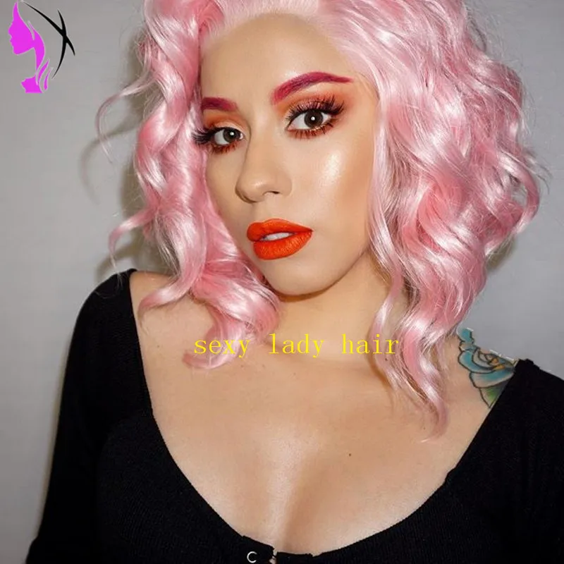 Cabelo parte lateral curta Bob Penteado peruca resistente ao calor onda profunda naturais Rosa sintética rendas frente Wigs macio para Mulheres fio natural