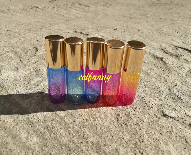 / Parti 5ml Gradient Rainbow Färgglas på flaska med stålrullflaska Essentiell olja Kosmetiska förpackningsflaskor C2201