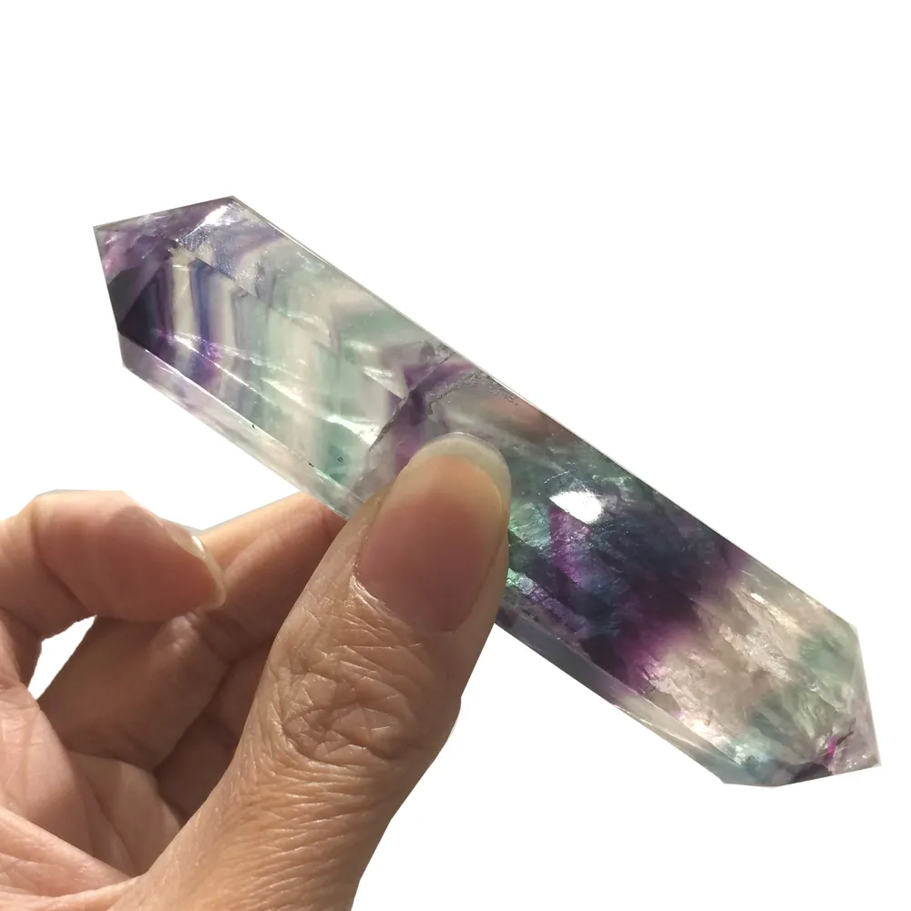 Dingsheng Natural Rainbow Fluorit Wand Point Double Terminated Points Stone Healing Crystal Quartz Mineral Prism Obelisk Partihandel 9-11 cm