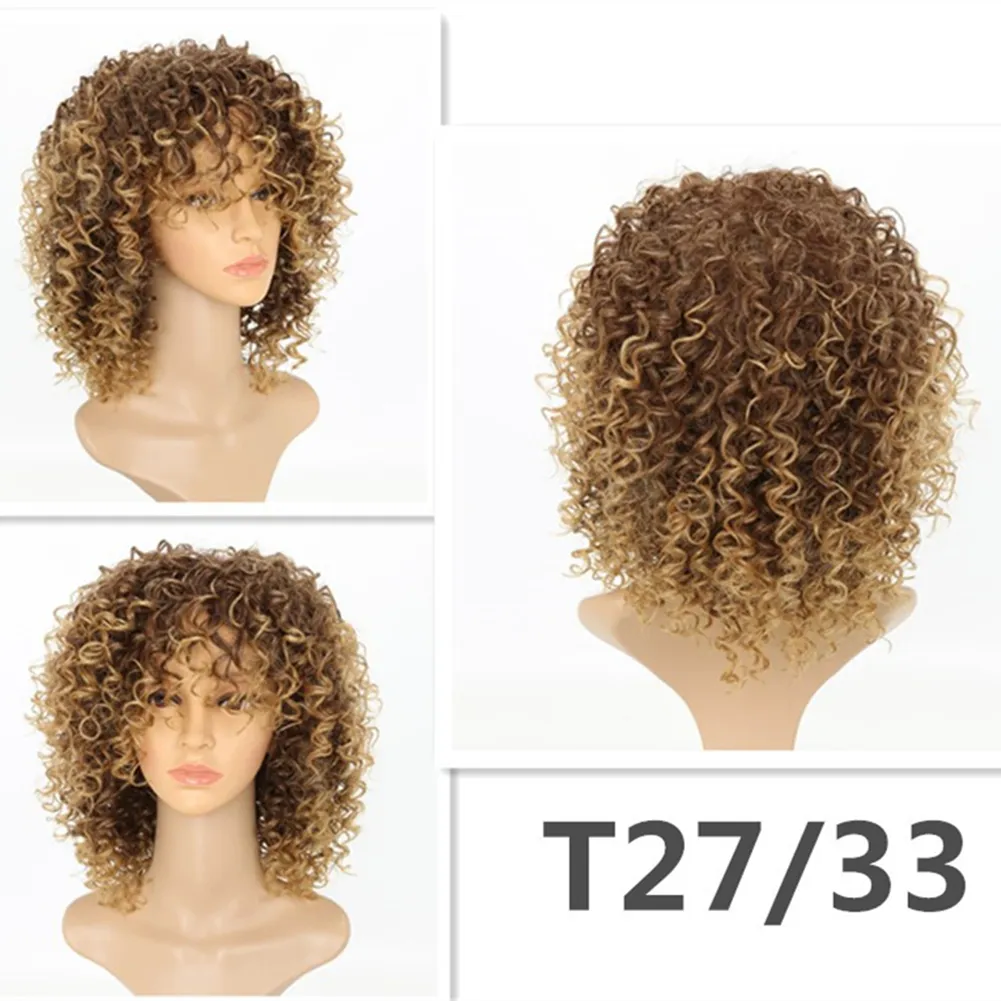 곱슬 곱슬 가발 흑인 여성 금발 합성 헤어 컬러 T27 / 30 아프리카 곱슬 머리 가발 짧은 곱슬 곱슬 전체 가발