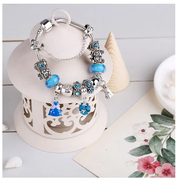 Blauer Charm-Anhänger aus 925er-Sterlingsilber, passend für europäische Pandora-Armbänder für Frauen, Cinderella-Kristall-Schuh-Charm-Perlen, Schlangenkette, Modeschmuck