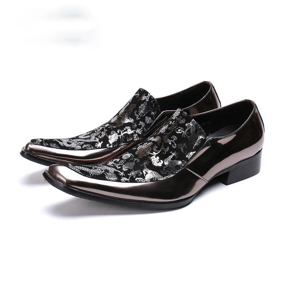 Mode silver tryck bröllopsfest män klänning skor kvadrat tå äkta läder skor italienska män affärskor