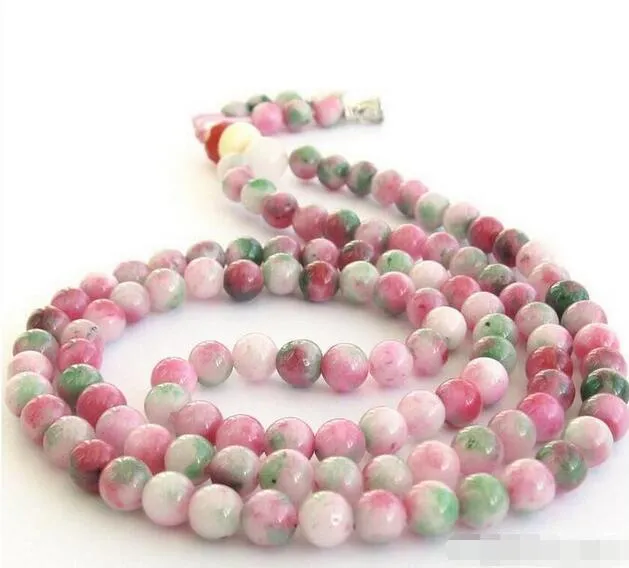 Wholesale - 8 mm Pink Green Jade Tibet Buddhist 108 Prayer Beads Mala Necklace