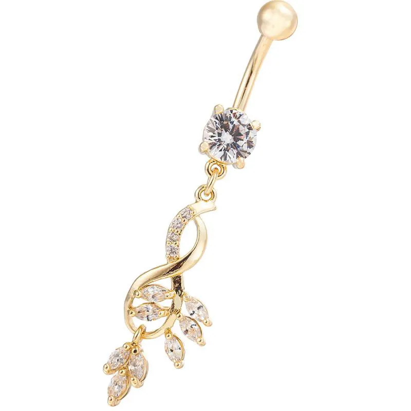 Ny mode vintage charm kristall blomma dangle zircon navel belly knapp ring guldpläterade löv för tjej gåva för kvinnor smycken