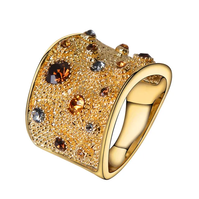 Wide Gold Color Finger Rings for Woman Multicoloured Rhinestones Paved Cocktail Ring Size 6 7 8 9 for Female