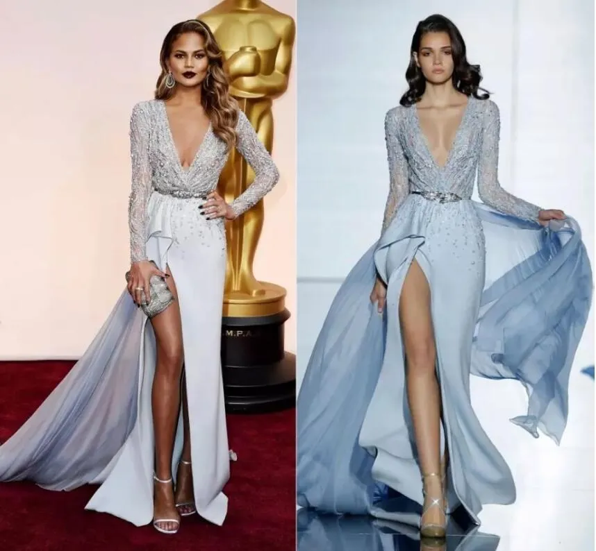 Zuhair Murad 2020 Evening Dresses Långärmade Pooling Neckline Side Slit Prom Kakor Beading Chrissy Teigen Special Occasion Dress