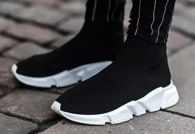 Double Box Speed Trainer Boots High Top Stretch Knit Sneakers for Men Women Black White