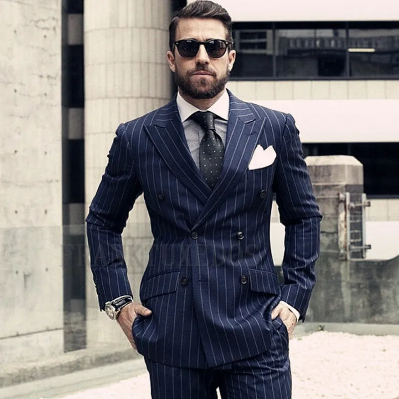 2018 Double breasted Royal blue stripe men suits Elegant suit wide peaked lapel Handsome tuxedo Slim Fit blazer Jacket 2 Pieces