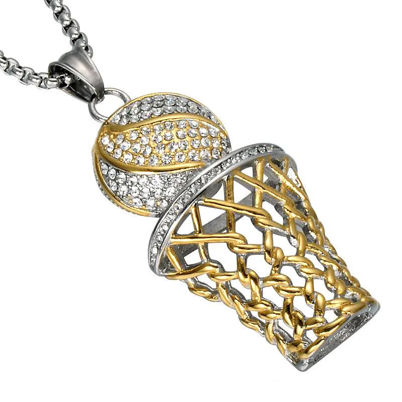 Hip Hop Iced Out Bling Full Full Ringestone Basketball Pendant Colliers Goldsilver en acier inoxydable