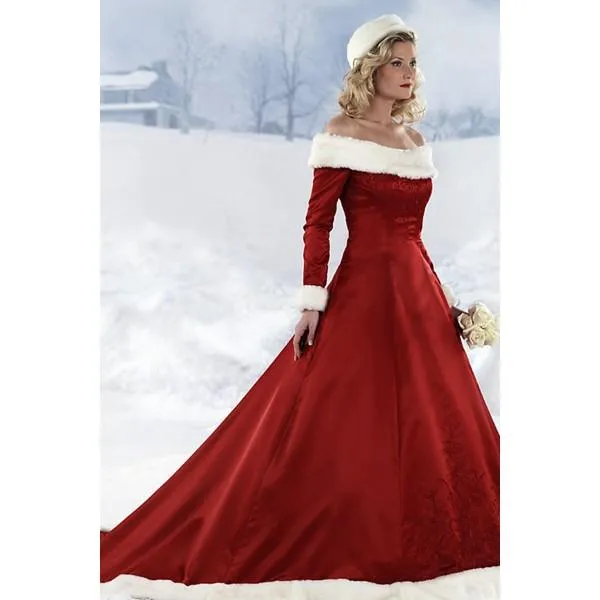 Winter trouwjurken Vintage Off Shoulder Borduursels Lange mouwen Rode bruidsjurken Court Train Fall Winter Christmas Wedding D7296854