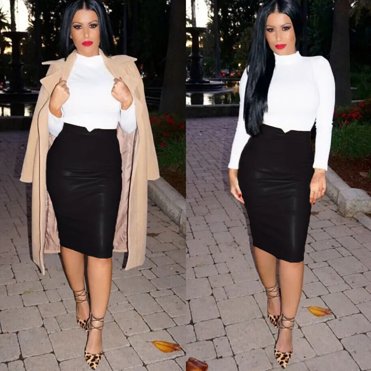 New european fashion sexy women's high waist plus velvet bodycon tunic midi long PU leather pencil skirt SMLXLXXL