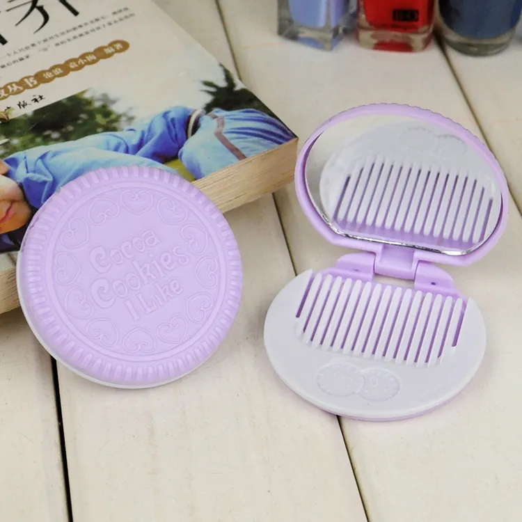 Cute Chocolate Cookie Shaped Design Makeup Mirror with Comb Lady Women Makeup Tool Pocket Mirror Home Office Use