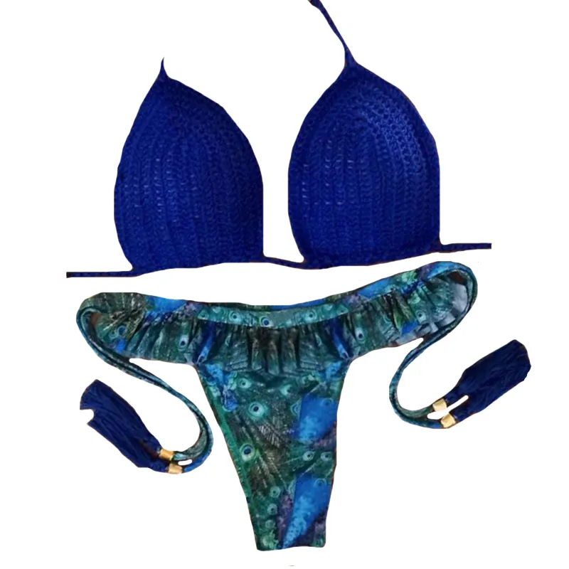 2018 nieuwe sexy bikinis vrouwen badmode geweven push-up badpak halter top pauw gewatteerd badpak blauw bandage bikini set