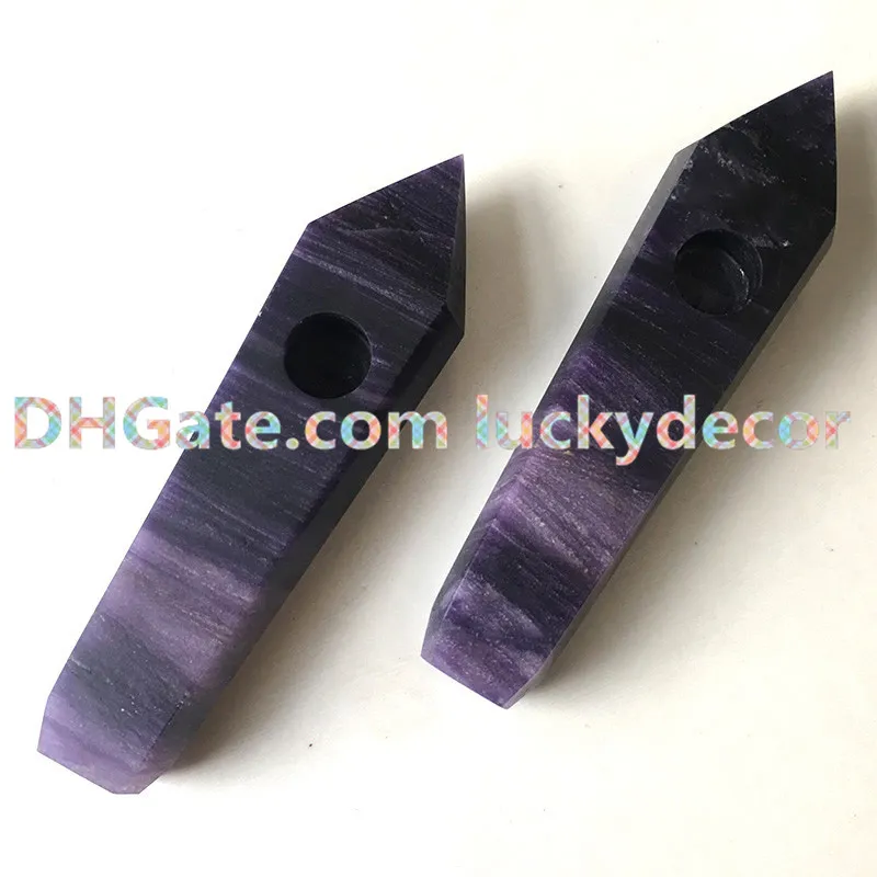 Crown Chakra Opened Fluorite Crystal and Stones Pipe Natural Quartz Pipe Fluorite Dark Purple Gemstone Healing Smoking Pipe Hot Sale