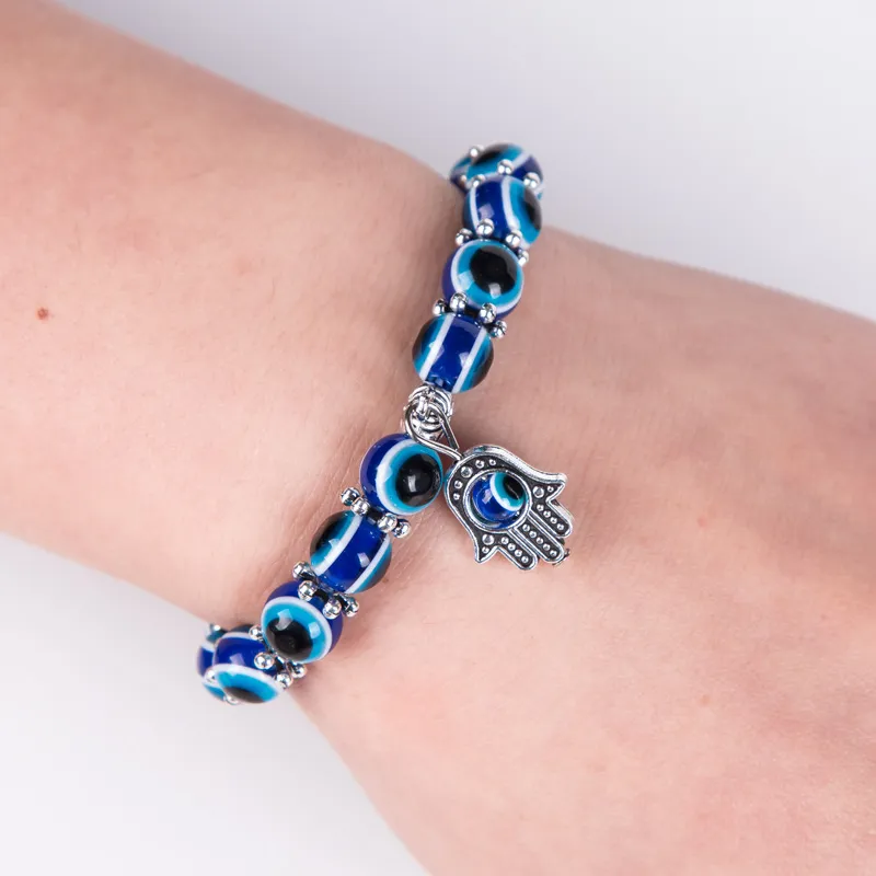 Bracelet de brins de perles mauvais œil turc 8mm perles de résine bleue alliage Hamsa main bracelets à breloques bracelet pour femmes bijoux chanceux9644667
