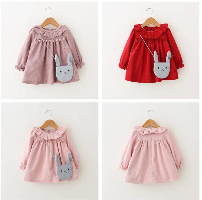 Vestido da forma do bebê com sacos de coelho Fuzz Balls flanela de algodão em torno do pescoço manga comprida de veludo espessamento bebê meninas vestidos Outfit