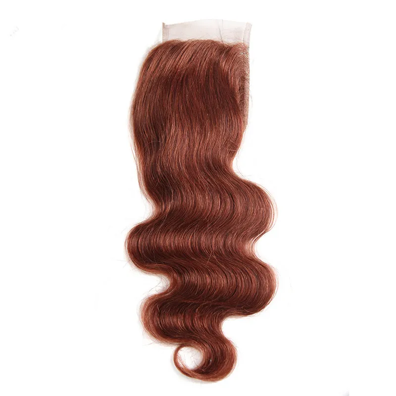 Färgad Auburn Virgin Indian Human Hair Buntar med stängning Kroppsvåg 3st # 33 Mörk Auburn Weaves 3 Bundle Deals with Lace Closure 4x4