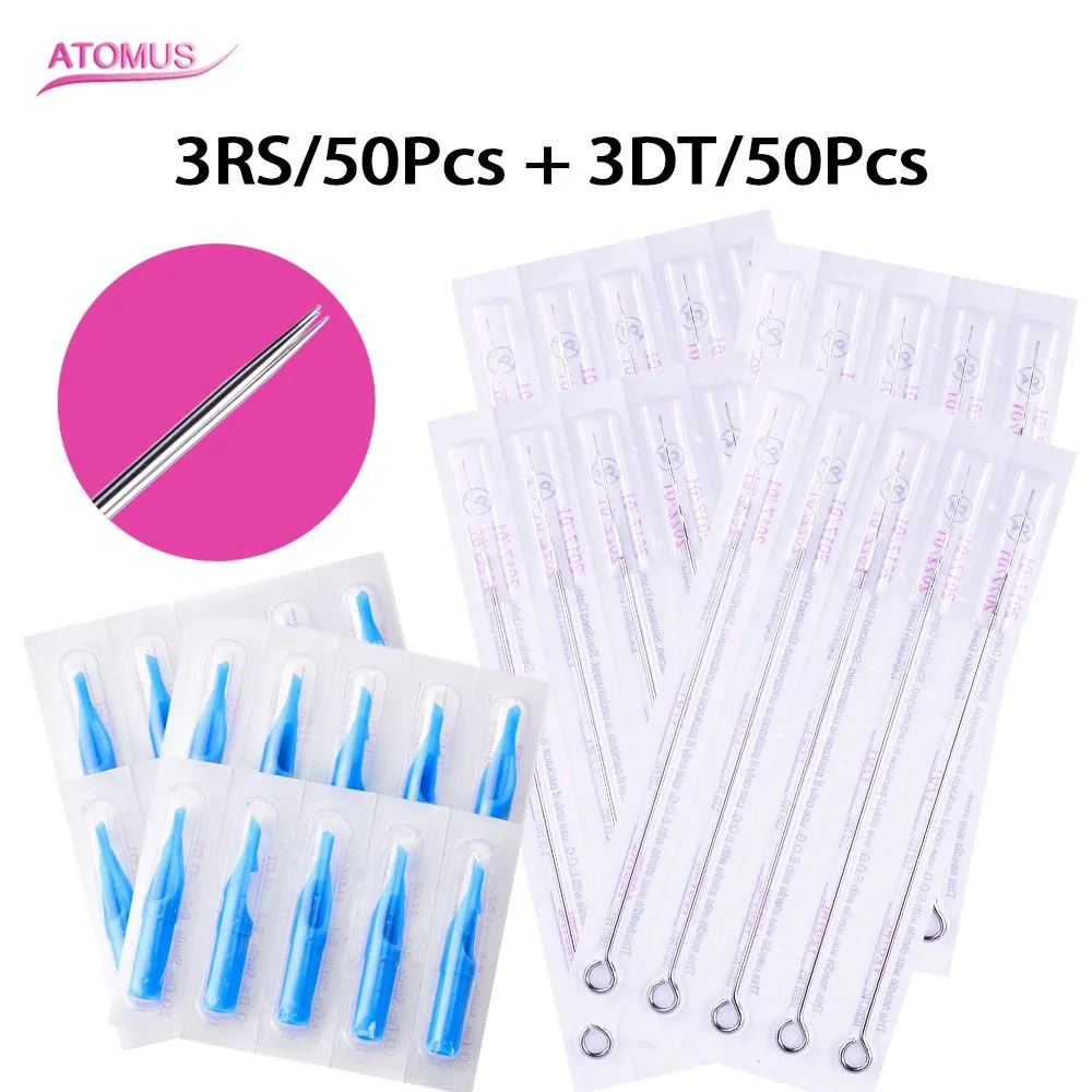 ATOMUS (3RS+3DT) 50 PCS 304 Stainless Steel Sterile Tattoo Needle+50PCS Blue Disposable Tattoo tips tattoo needle product
