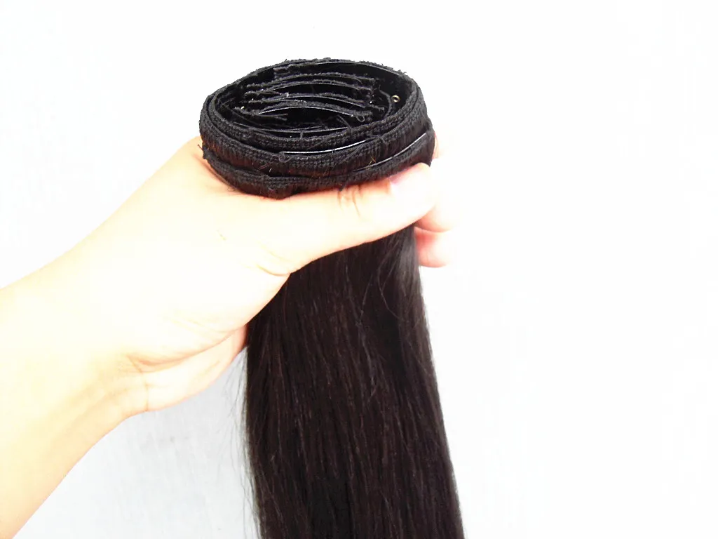 Brazilian Human Virgin Hair Light Yaki Hair Weft Clip In Human Hair Extensions Unprocessed Natural Black Color