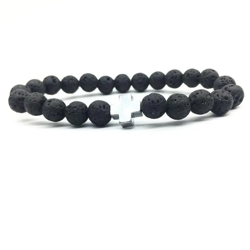 Bracciale in pietra lavica nera da uomo con croce in ematite da 8 mm Bracciale con diffusore di oli essenziali aromaterapia fai-da-te Gioielli da donna