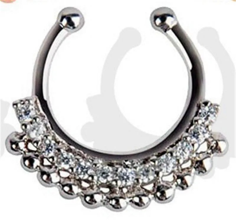 Moda Sahte Septum Tıbbi Titanyum Burun Yüzük Çiviler Piercing Gümüş Kristal Hint Vücut Klip Hoop Kadınlar Kızlar için Takı Hediye