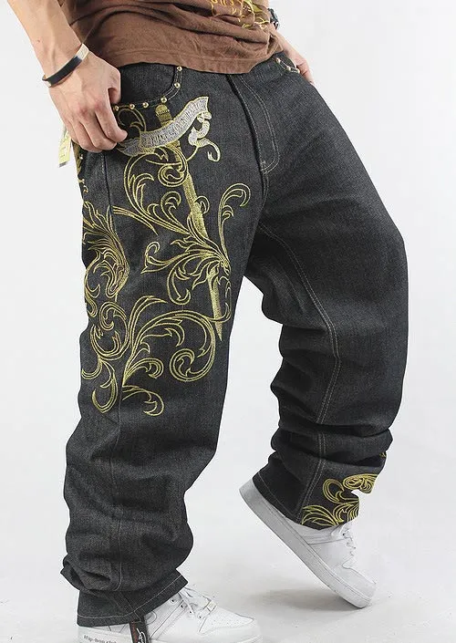 Geborduurde patroon hip-hop jeans broek hiphop casual losse plus vet grote maat skateboard mannen jeans broek