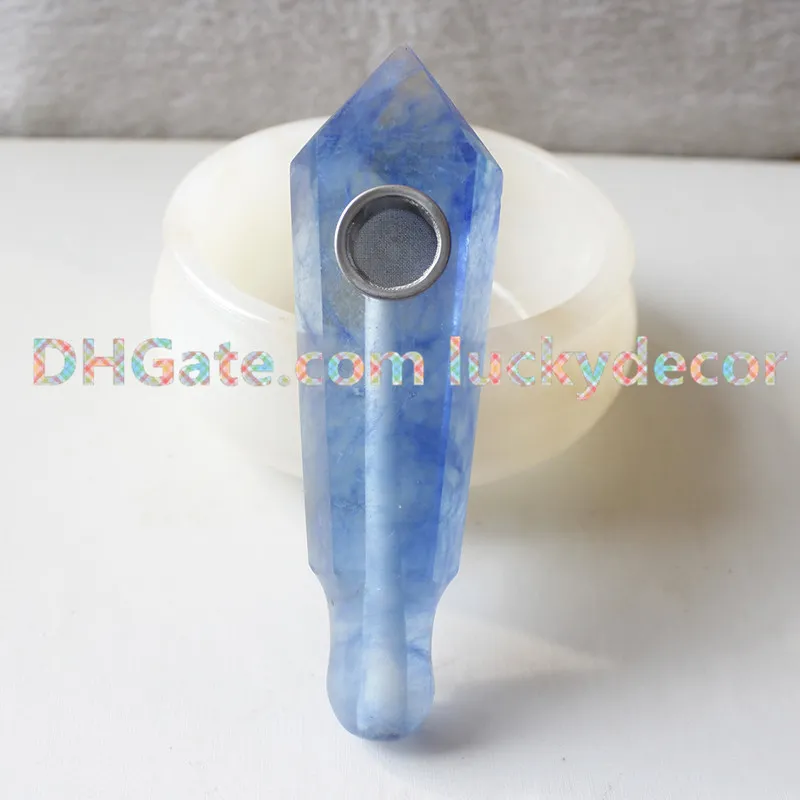 Blauw Smelten Quartz Gesneden Punt Crystal Obelisk Pipe Nieuwigheid Blauw Smelten Stone Quartz Crystal Sigaret Houder Smoking Pipe Healing 