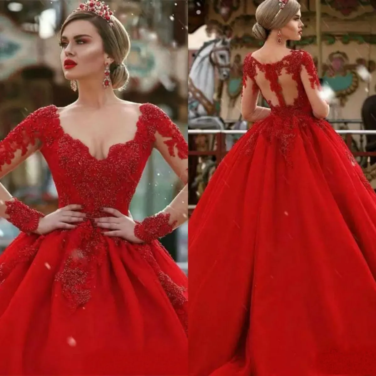 Vestidos de noite vermelho árabe com sheer mangas compridas v pescoço frisado um vestido de baile personalizado feito