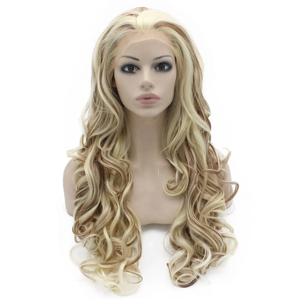 26" Long #1001/30 White Blonde Mix Auburn Heavy Density Heat Friendly Fiber Front Lace Synthetic Hair Wig