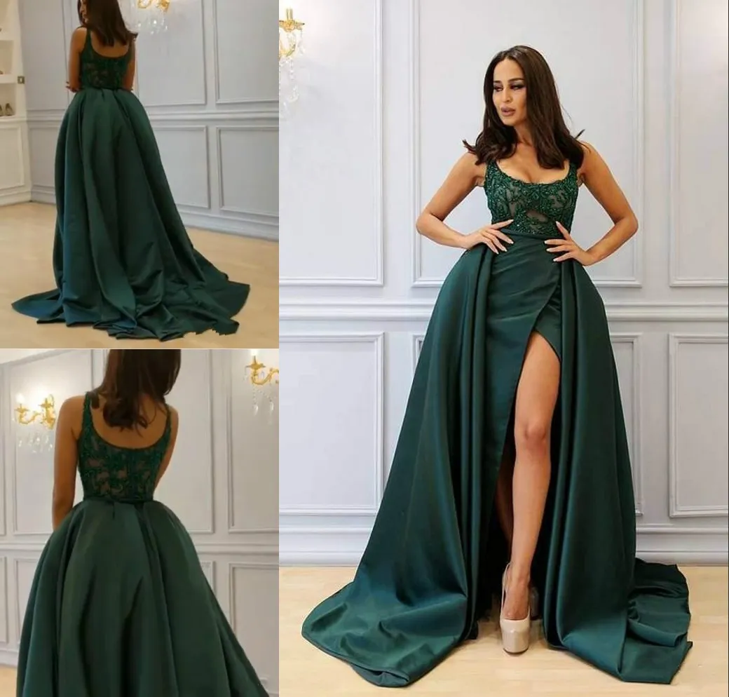 Skromna Scoop Hunter Suknie Wieczorowe Koraliki Satin Bez Rękawów Aplikacja Piłka Formalna Długa Party Prom Dresses Pageant Gown Robe de Soiree