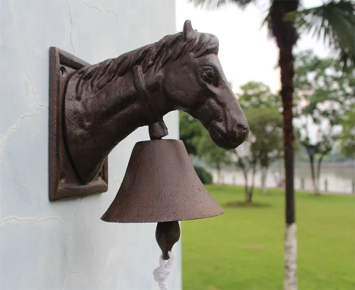 Gietijzer Ornate Horse Hoofd Deur Bell Deurbel Tuin Decoratie Rustieke Cottage Patio Boerderij Country Barn Stable Handbell Decoratie Antiek Bruin