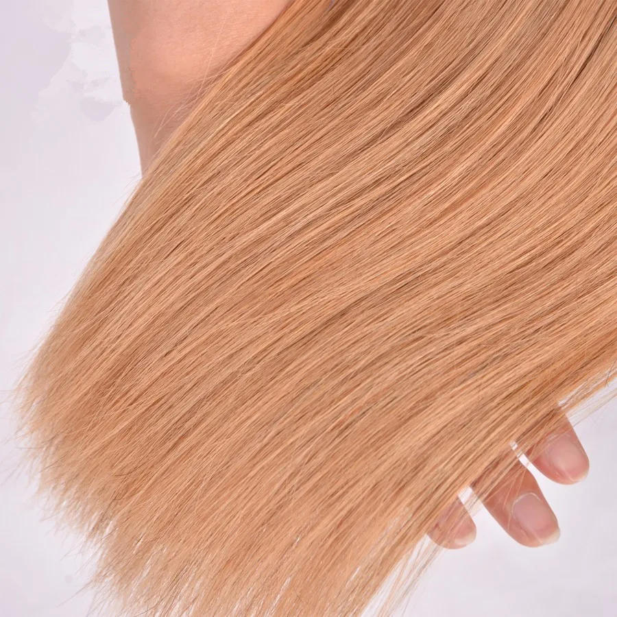 Honey Blonde Straight Hair Extension Color # 27 Seda Straight Brazilian Virgin Sin procesar Cabello humano 3Bundles Strawberry Blonde Hair Trama