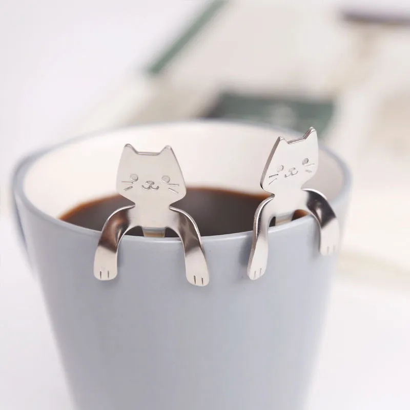 Cucchiaino da caffè gatti in acciaio inossidabile Mini gatto Manico lungo Cucchiaio in acciaio inossidabile Utensili bere Gadget da cucina Stoviglie in acciaio inossidabile