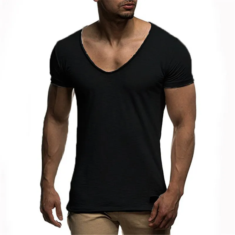 Letnia seksowna koszulka z krótkim rękawem i dekoltem w serek Moda męska Solid Black Casual Slim T-shirty