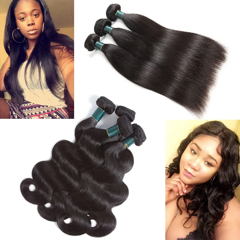 Brasileira Melhor Qualidade Tecer Cabelo Humano Em Linha Reta Onda Do Corpo 3 Pcs ou 4 Pcs Bundles Mongol Indiano Peruano Malaio Extensões de Cabelo Virgem