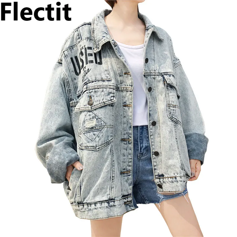 Flectit übergroße Boyfriend-Jeansjacke im koreanischen Stil für Damen, grafischer Used-Look, gewaschener Denim, langärmeliger Vintage-Jeansjackenmantel